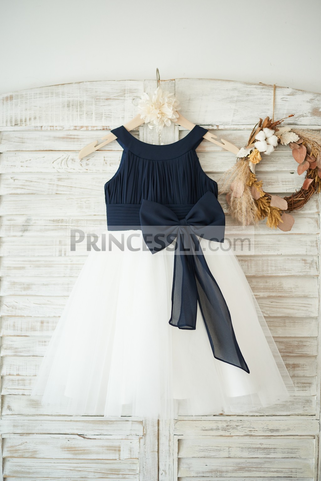 Navy blue chiffon ivory tulle wedding flower girl dress
