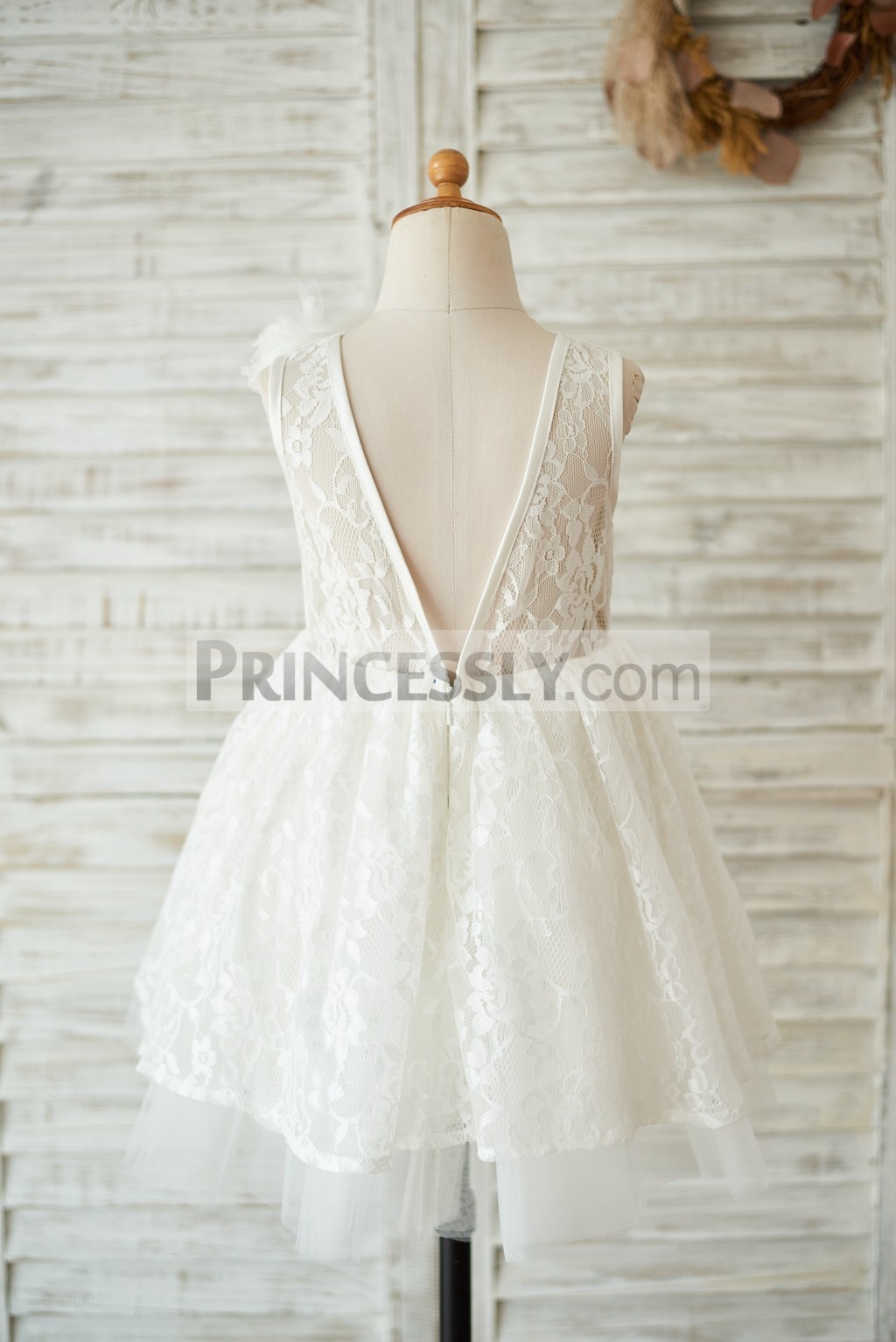 Deep V back lace ivory wedding baby girl dress 