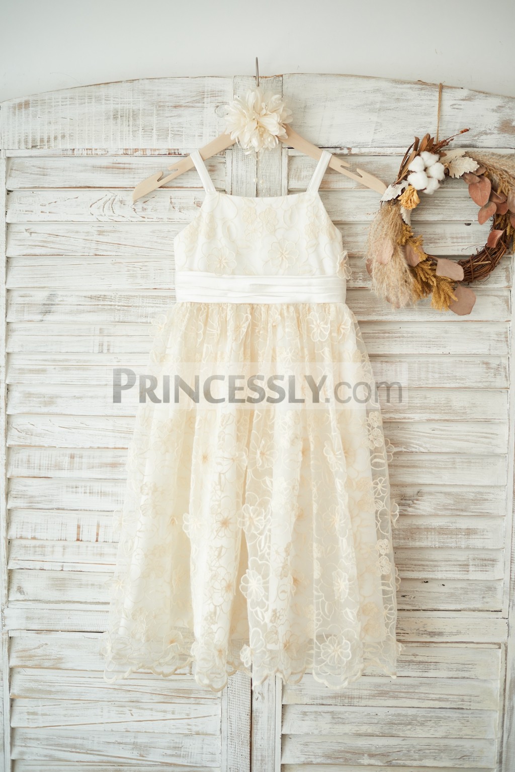 Thin straps 3D organza lace wedding little girl dress
