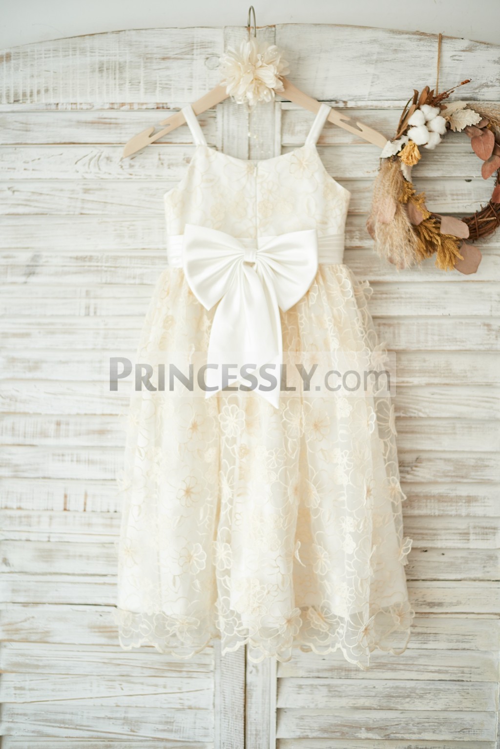 Fully lined organza lace wedding baby girl dress with a bow