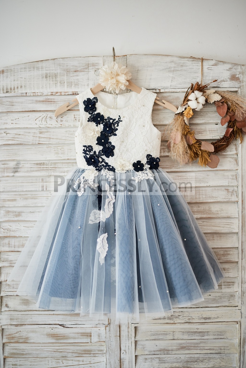 Ivory lace gray tulle wedding flower girl dress 