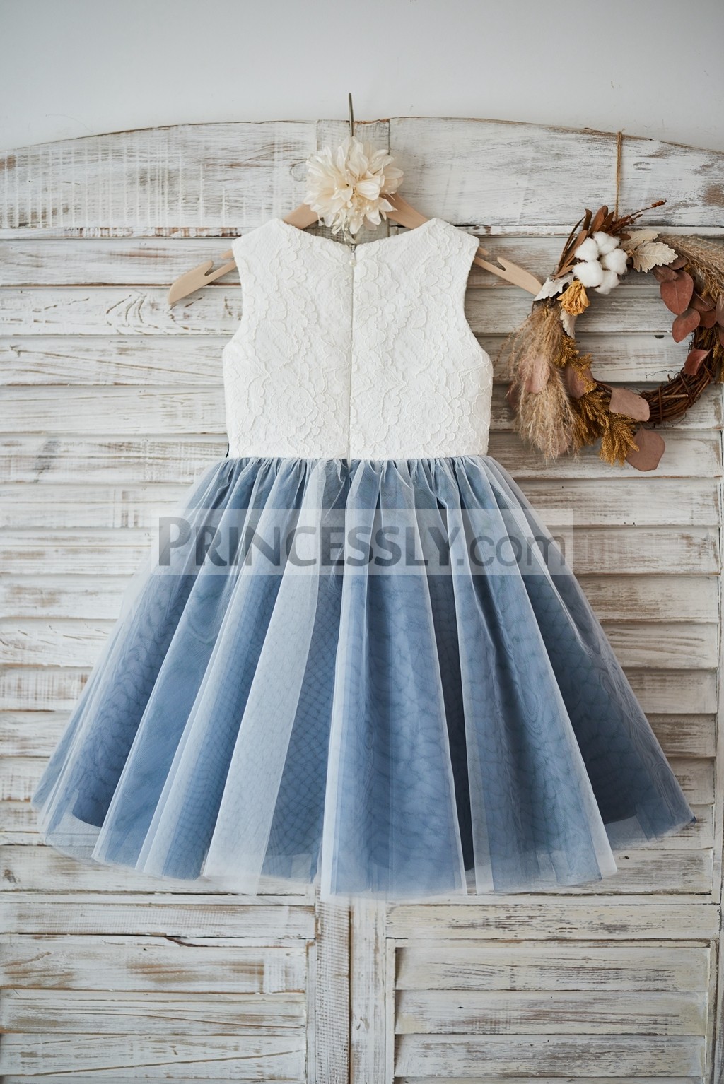 Delicate ivory lace pleated gray tulle wedding baby girl dress 