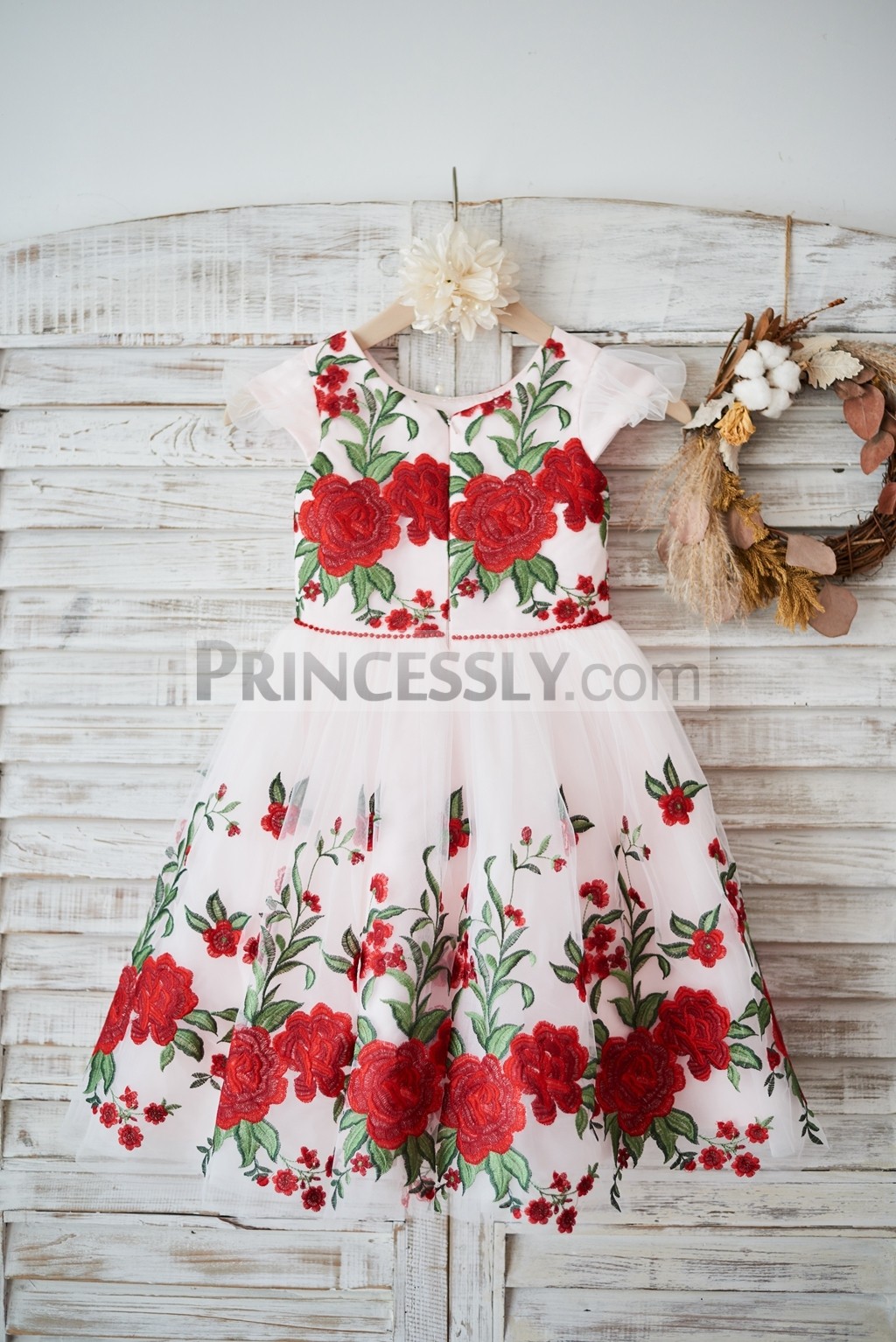 Embroidered princess ivory tulle wedding baby girl dress 