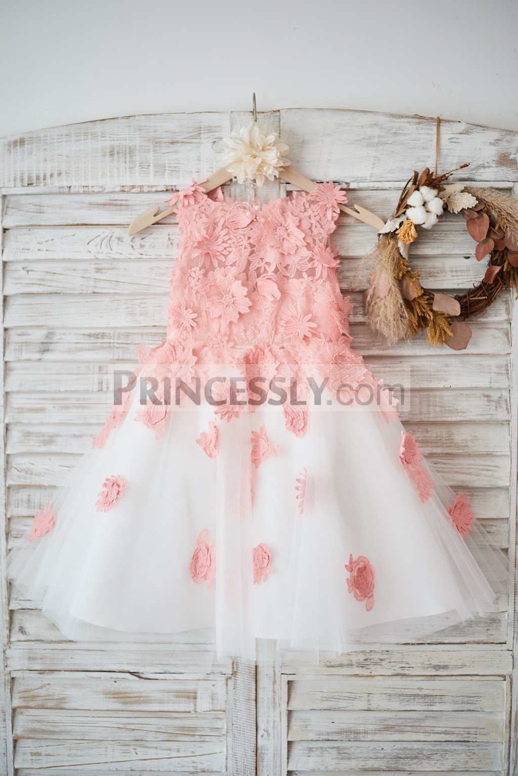 Peach pink flowers ivory tulle wedding little girl dress
