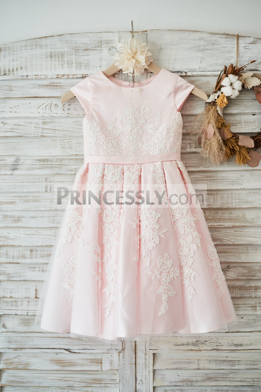 Cap sleeves ivory lace tulle overlay pink satin wedding flower girl dress