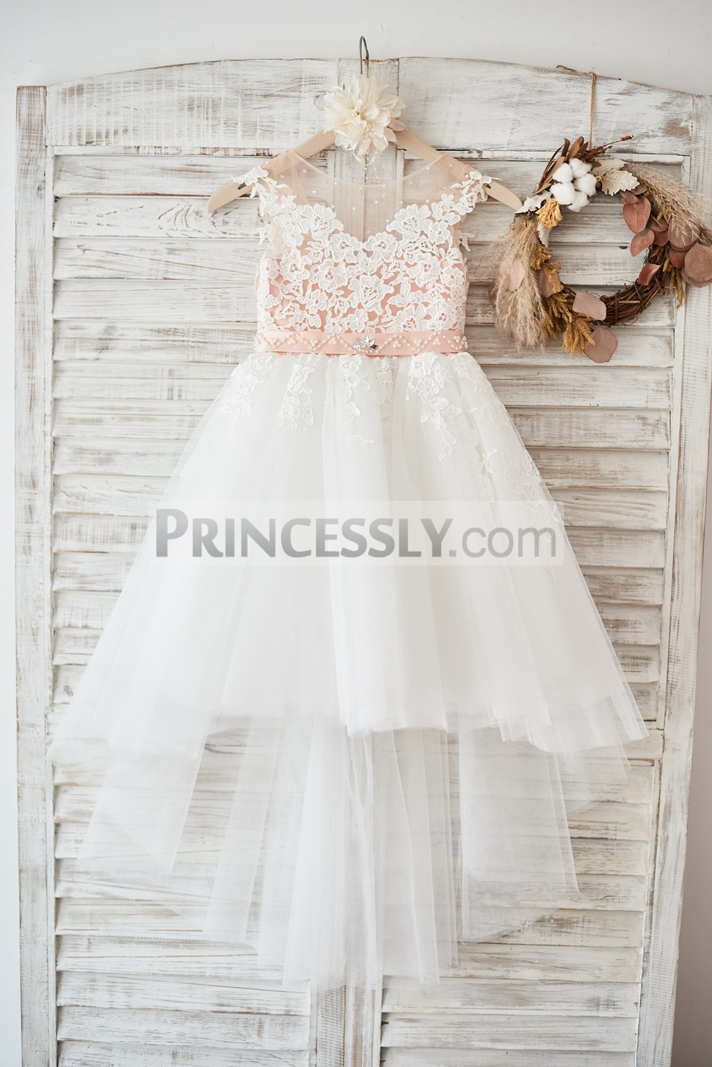 Ivory lace appliques tulle high low flower girl dress