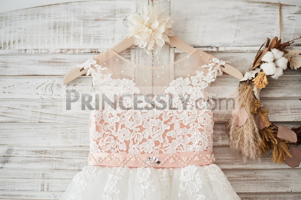Nude tulle with ivory lace appliques bodice with beaded peach pink belt