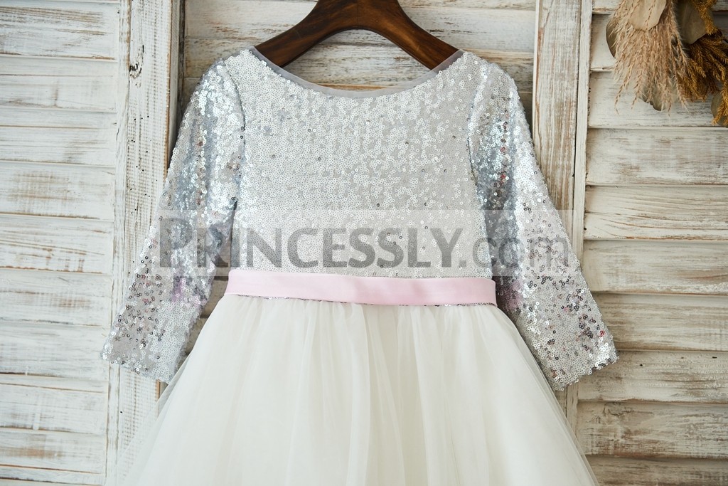 Scoop neck long sleeves silver sequined bodice with pink belt