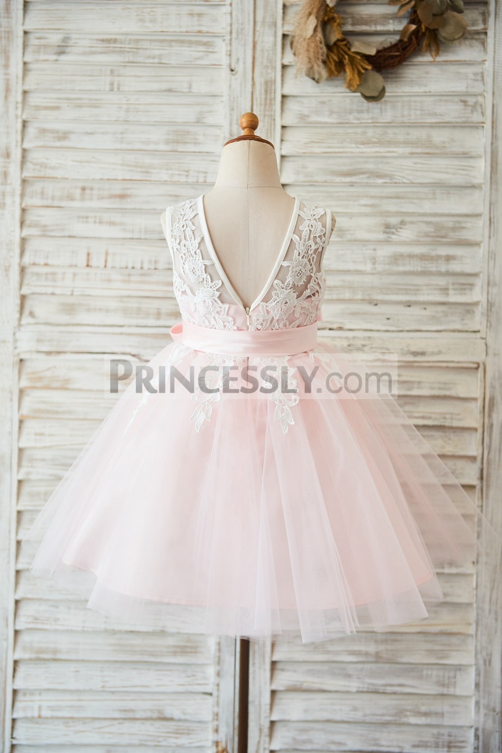 Princess deep V back pink tulle wedding baby girl dress