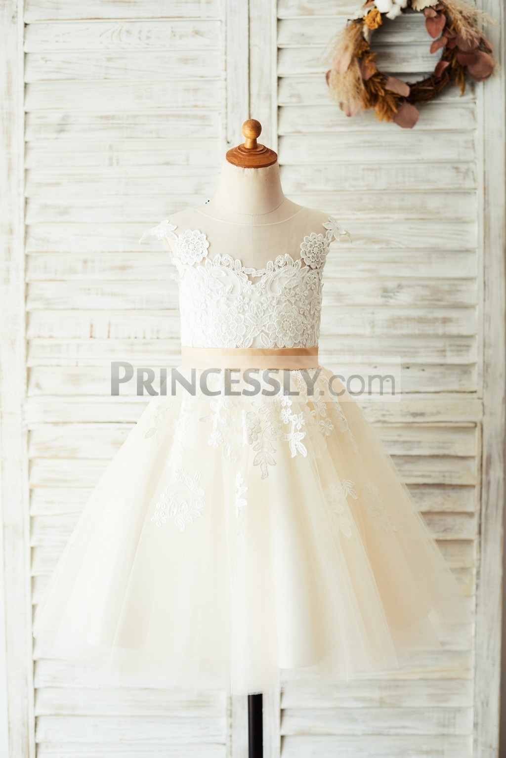 Ivory lace appliques champagne tulle wedding flower girl dress