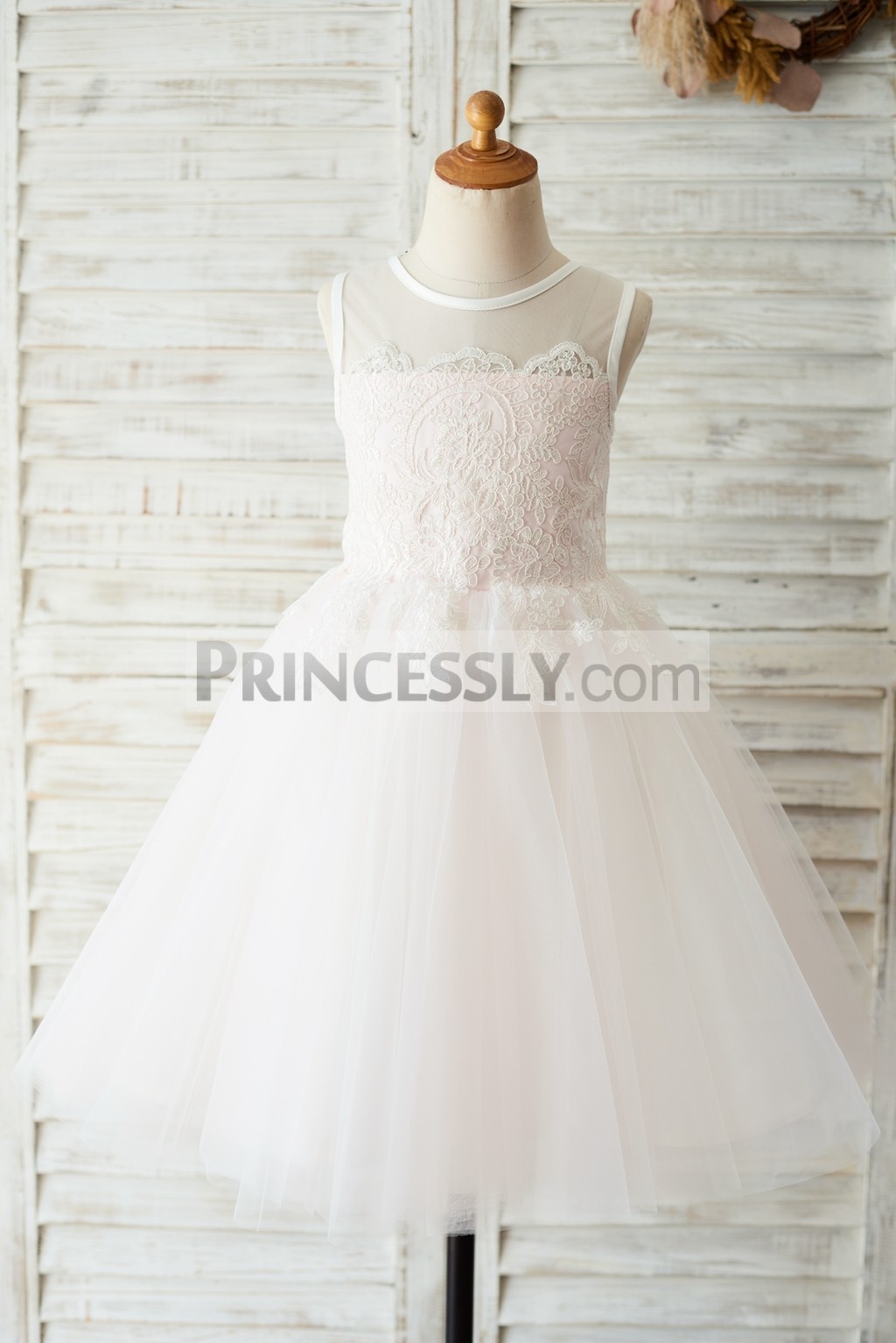 Sheer neck ivory lace pink tulle wedding flower girl dress