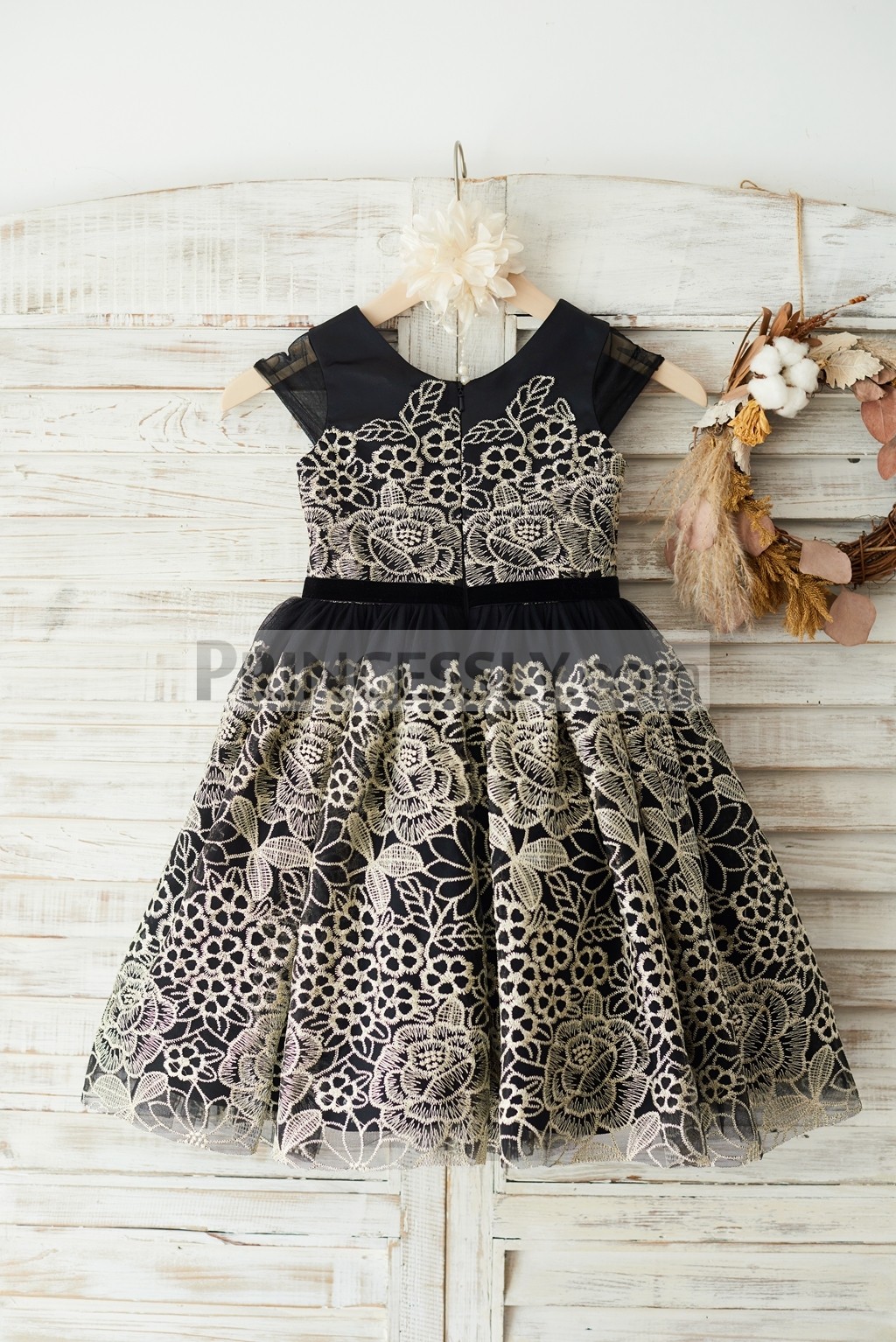 Gold lace black wedding party little girl dress