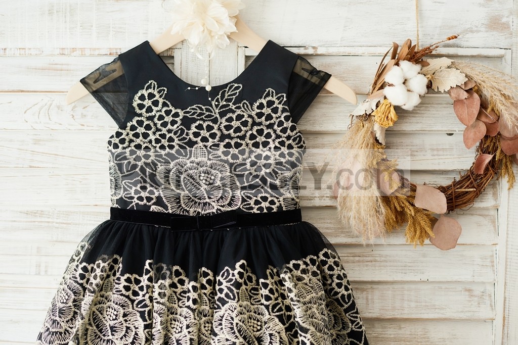 Sheer cap sleeves bodice with fixed black belt