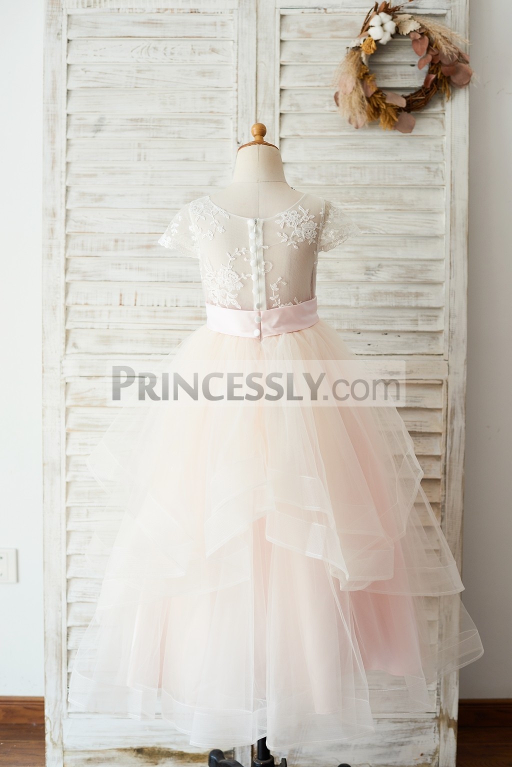 Sheer Tulle Bodice with Pink TUTU Tulle Horse Hem Wedding Baby Girl Gown