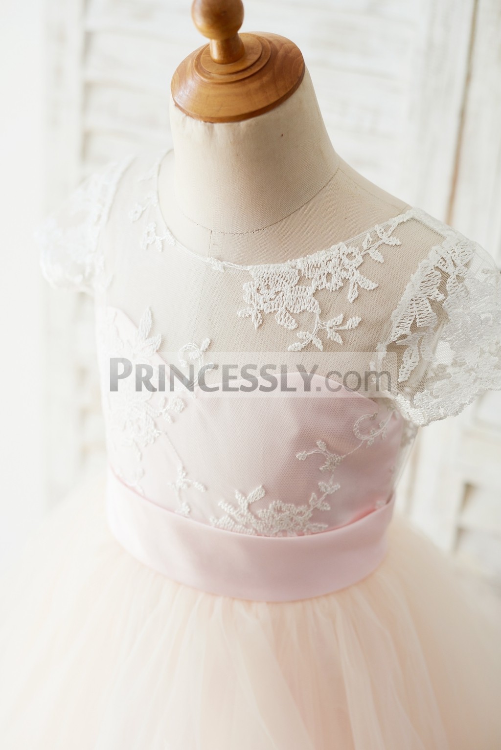 Ivory Lace Tulle Bodice with Inside Sweetheart & Pink Belt