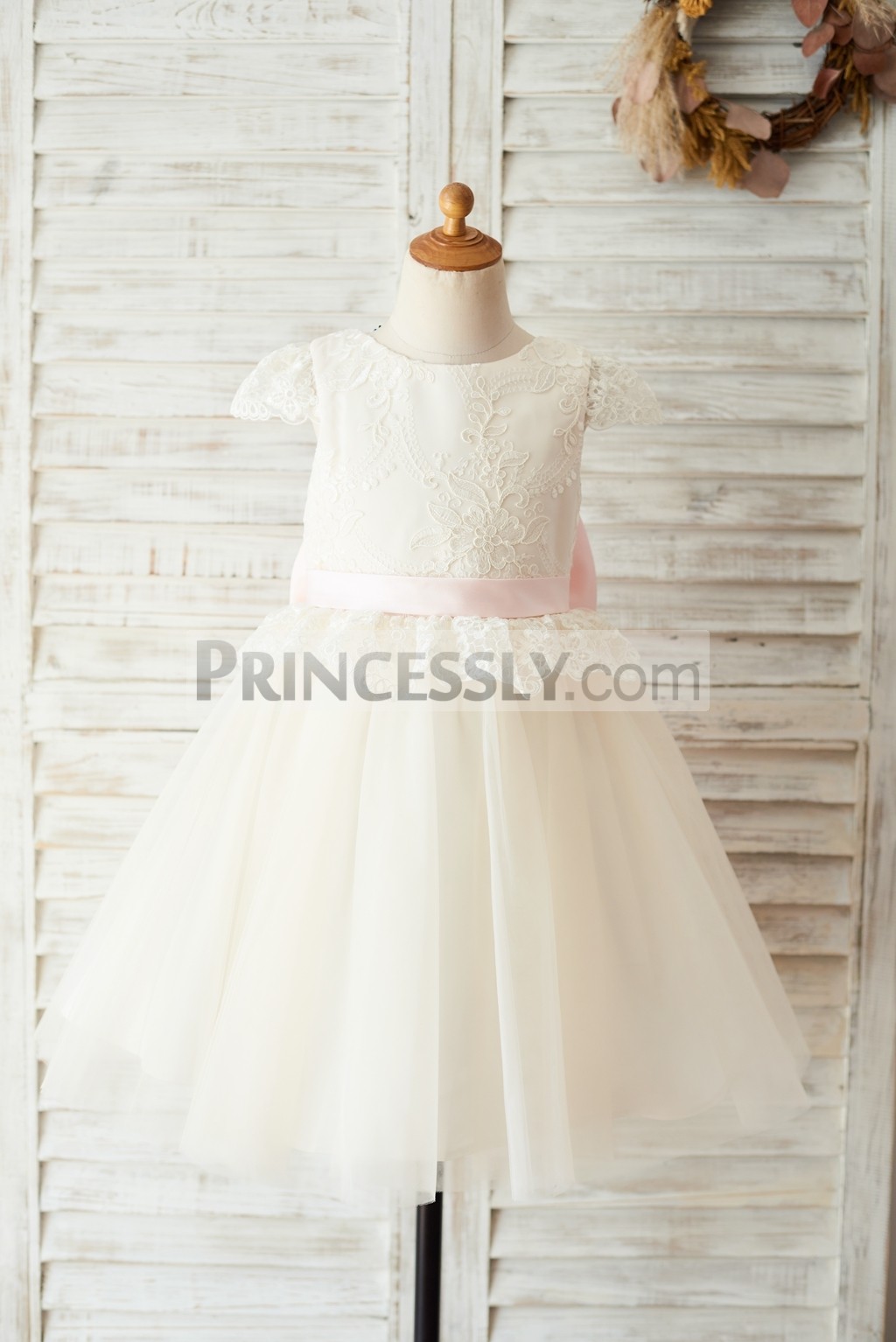 Princess ivory lace champagne tulle flower girl dress 