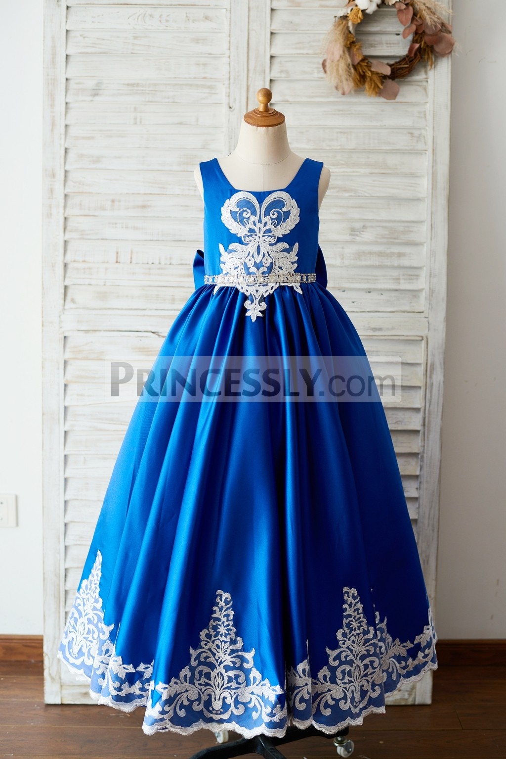 Royal blue satin long wedding flower girl gown w/ ivory lace trim