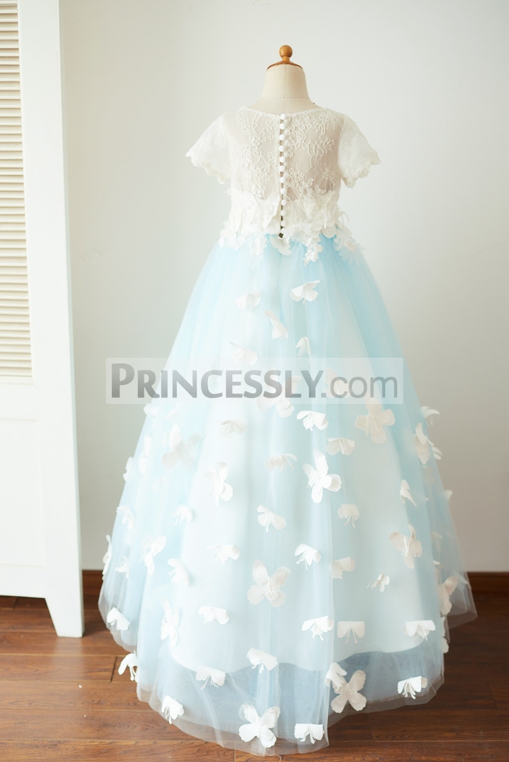Sheer buttoned back lace tulle full length wedding flower girl gown 