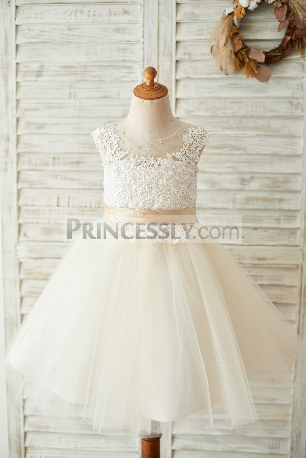 Ivory Lace Appliques Champagne Tulle Wedding Baby Girl Dress