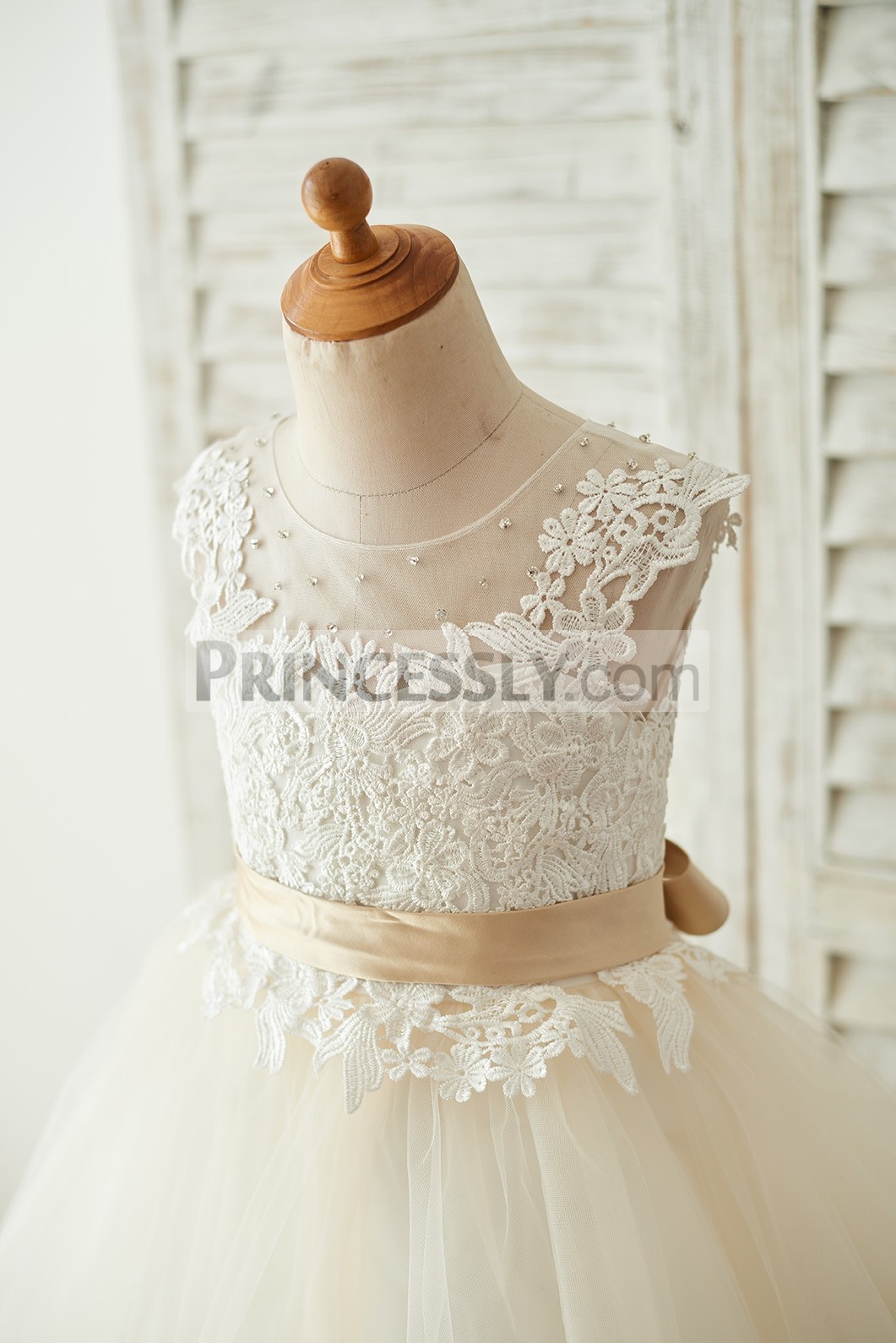 Beading Sheer Tulle Neck Bodice with Champagne Sash