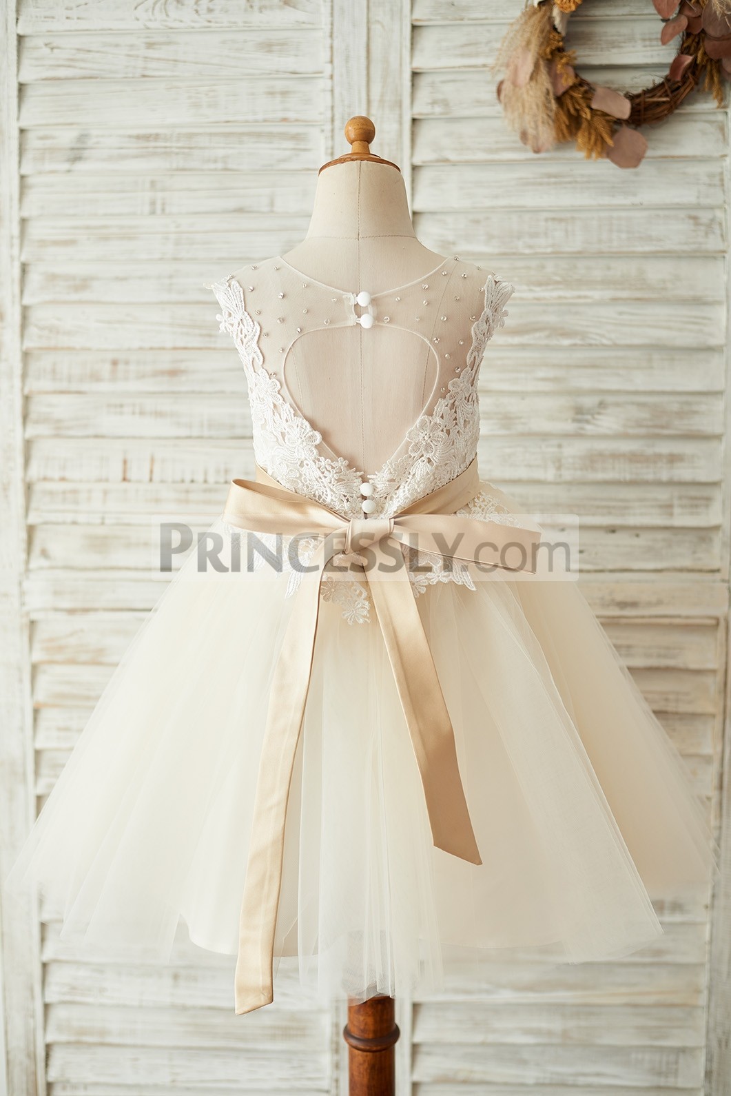 Lace Appliques Champagne Tulle Princess Wedding Baby Girl Dress