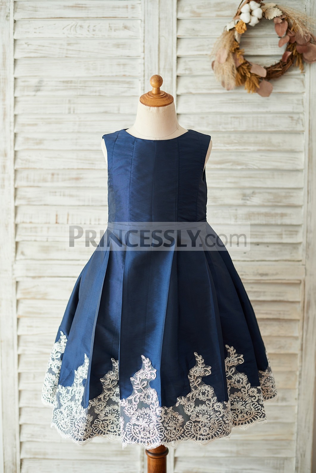 Navy blue taffeta wedding flower girl dress with sliver lace trim