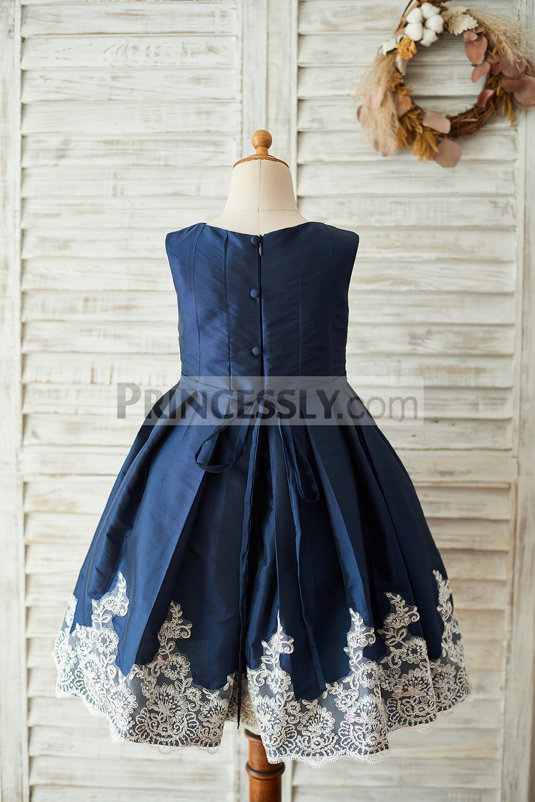 Fitted bodice pleated skirt navy blue wedding baby girl dress 