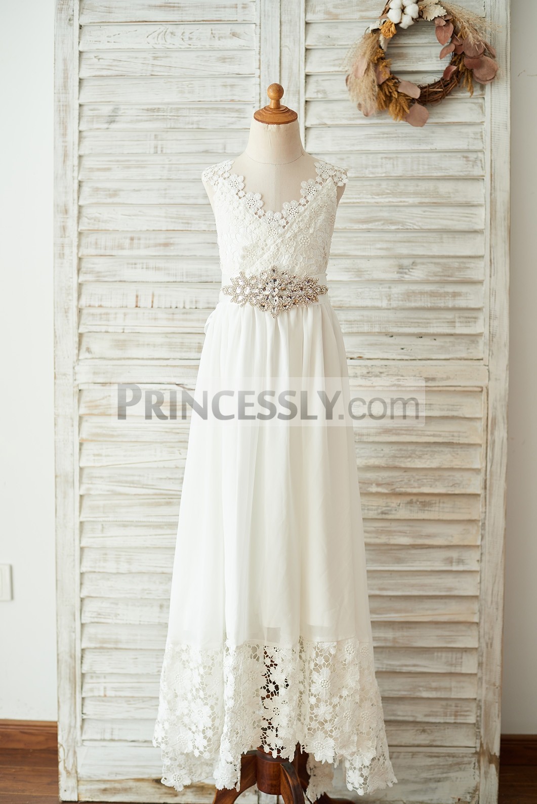 Ivory lace chiffon bohemian beach wedding flower girl dress