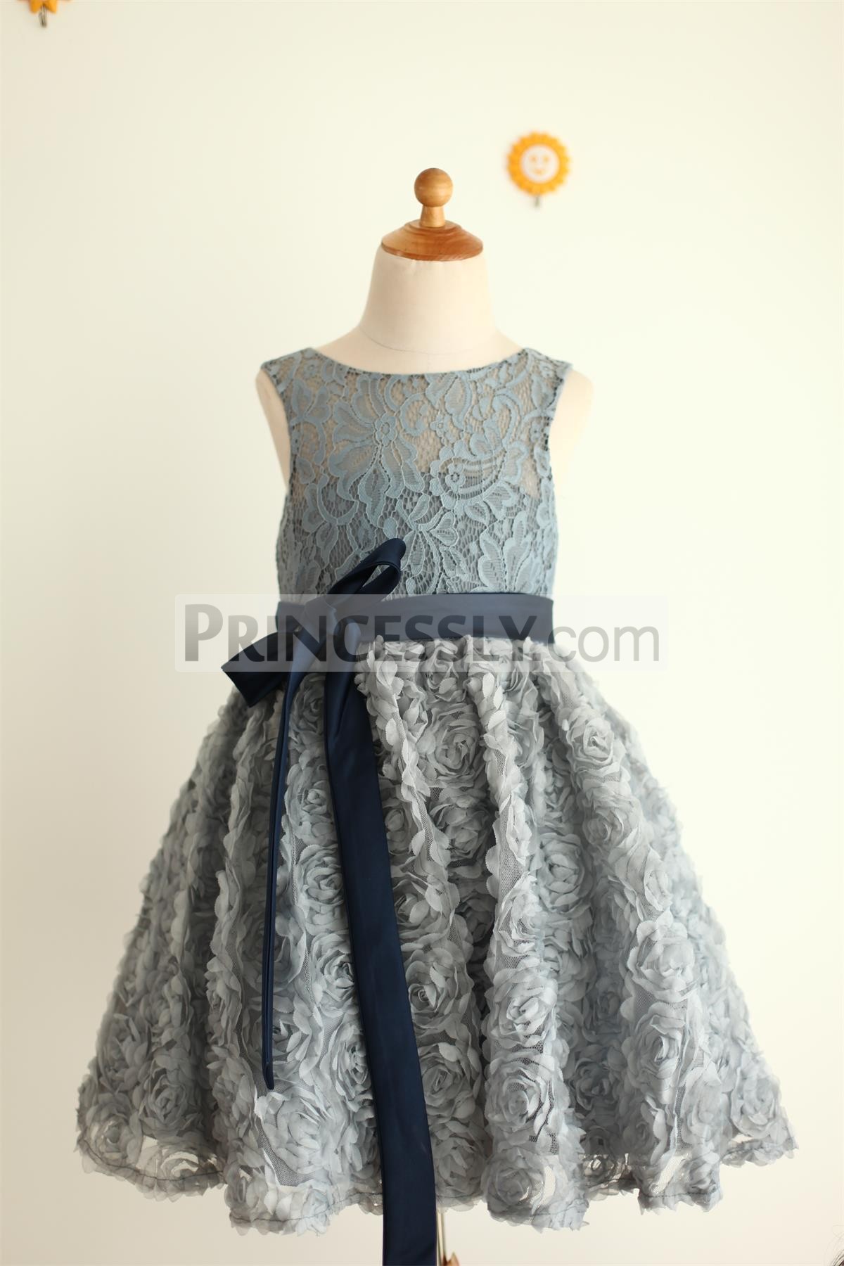 Gray lace rosettes skirt flower girl dress