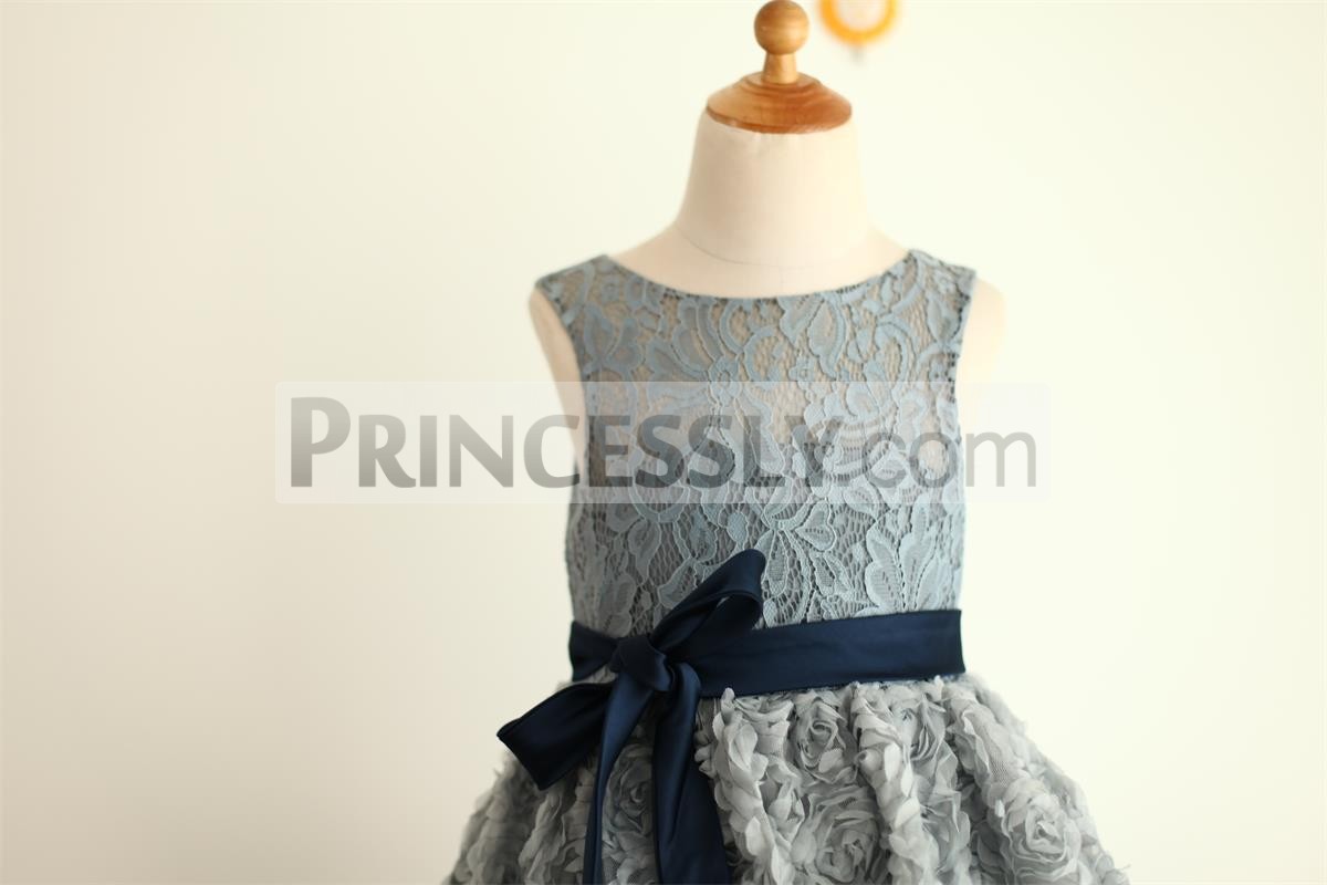 Illusion lace overlay bodice with navy blue sash