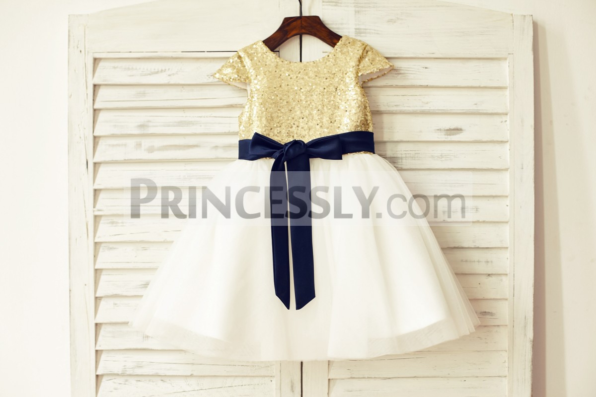 Gold sequins ivory tulle wedding baby girl dress