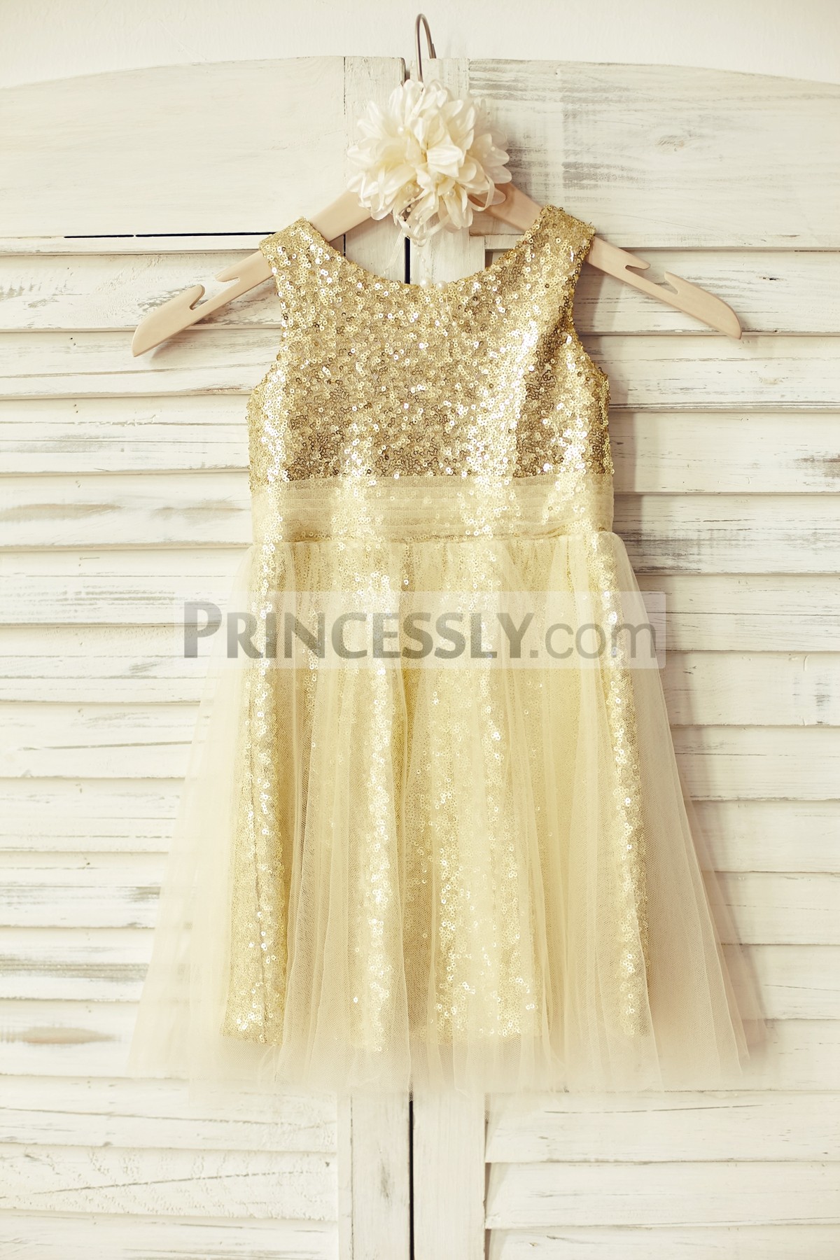 Light gold sequined flower girl dress