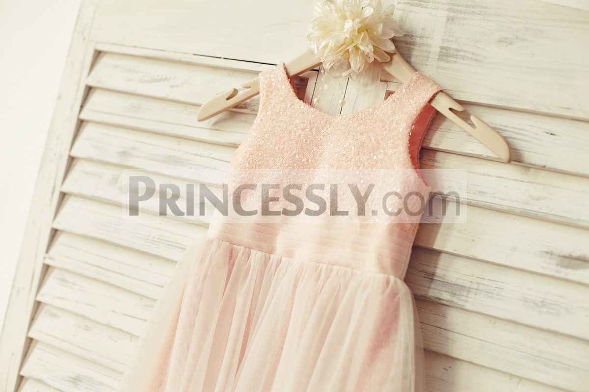 Blush pink sequins bodice in scoop neck, sleeveless