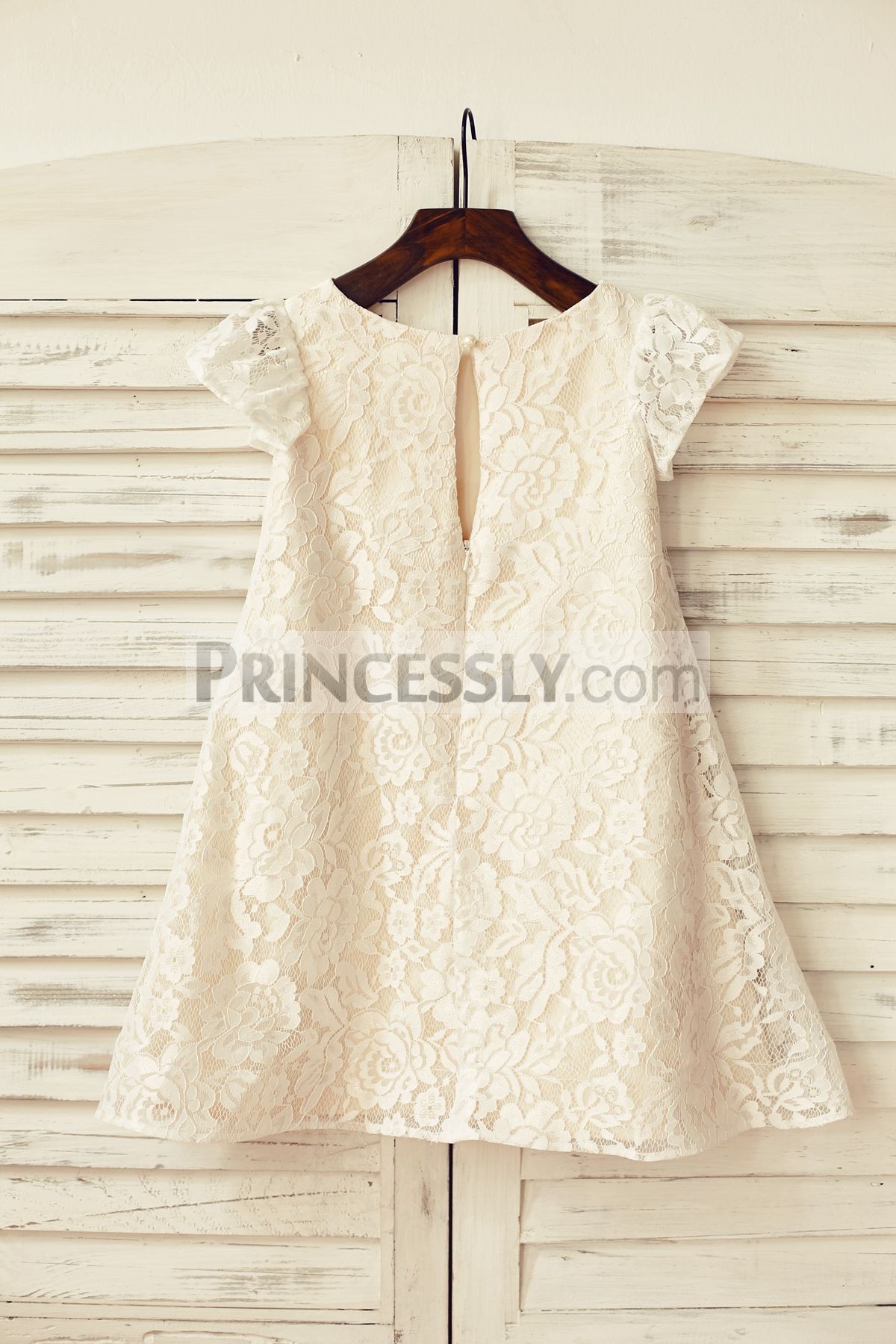 Slit back with a pearl button lace wedding baby girl dress