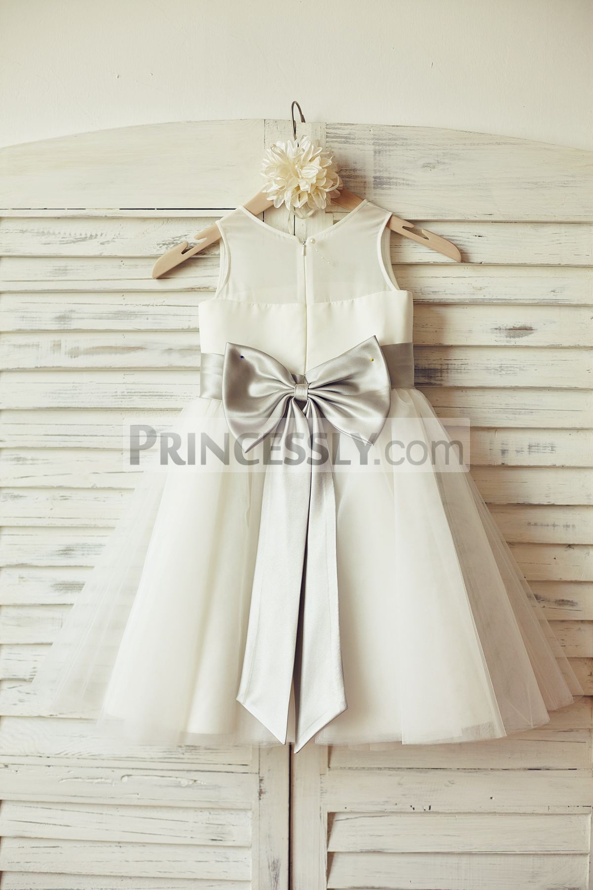 Ivory chiffon tulle wedding baby girl dress with gray belt \ bow