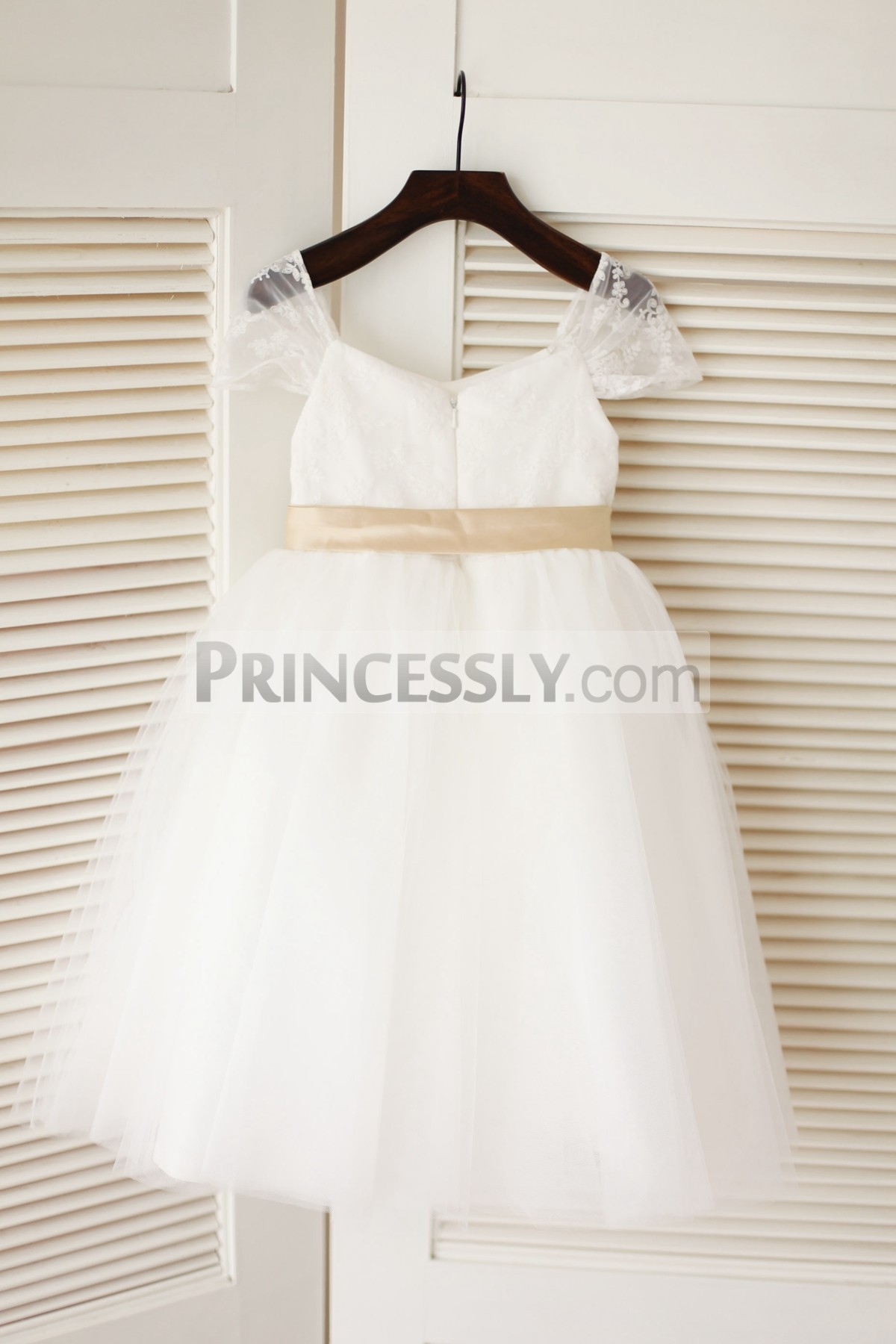 Sheer lace cap sleeves ivory tulle princess wedding baby girl dress