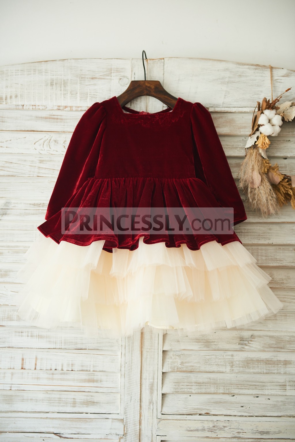 Long sleeves red velvet cupcake wedding little girl dress 