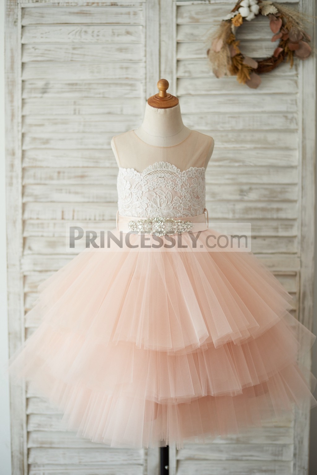 Sheer neck ivory lace cupcake pink tulle flower girl dress