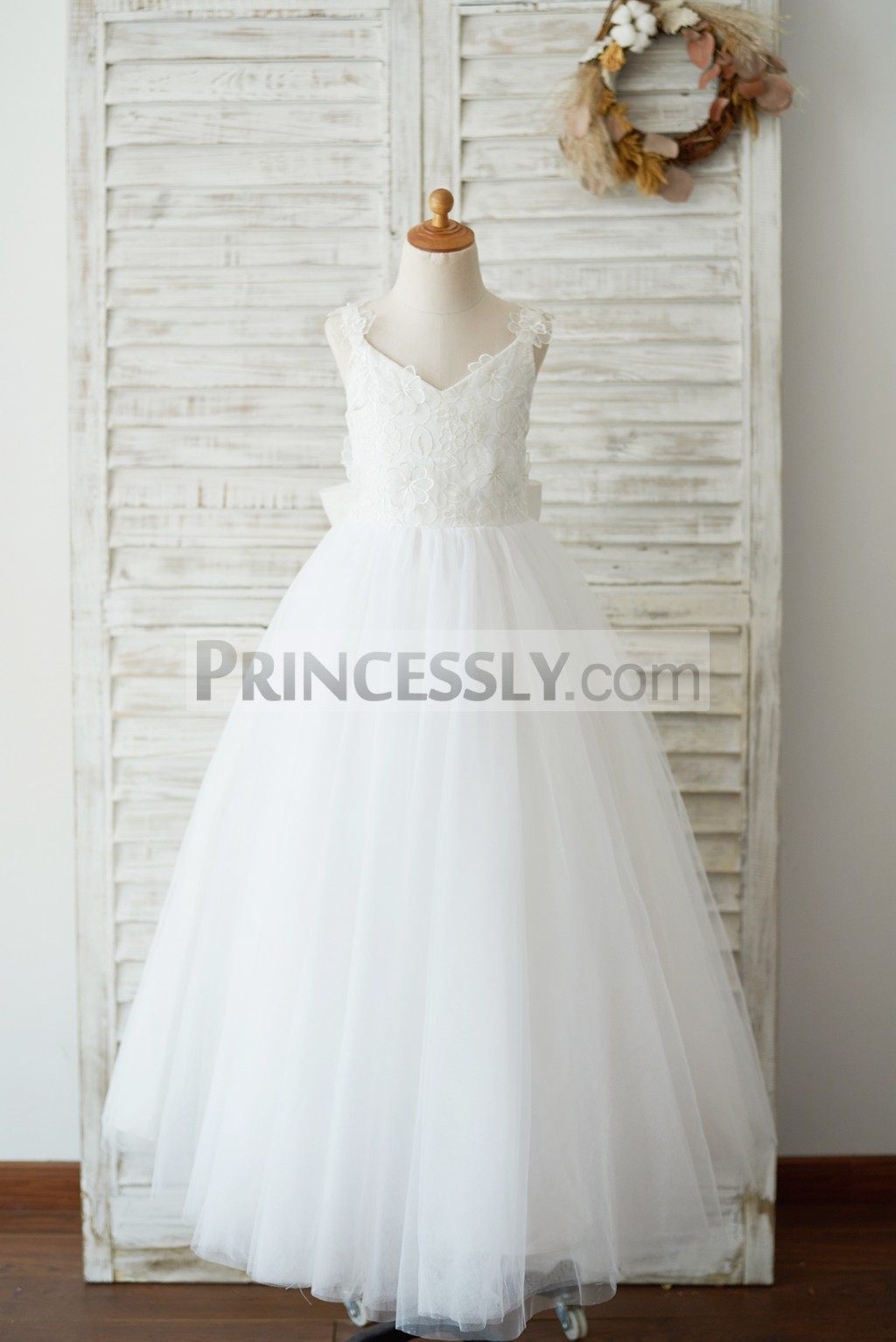 Ivory lace tulle ankle length flower girl dress