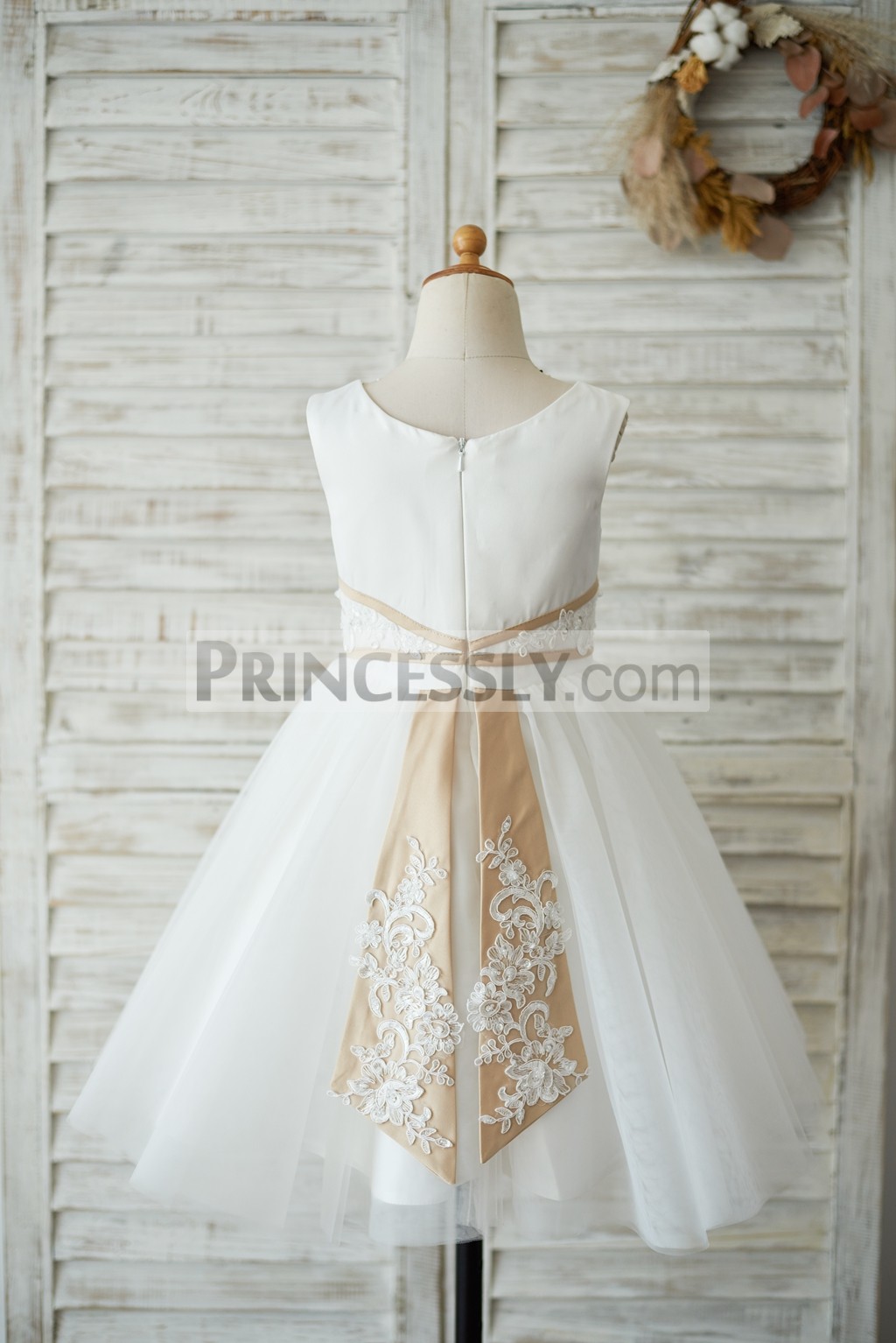 Princess ivory satin tulle wedding baby girl dress