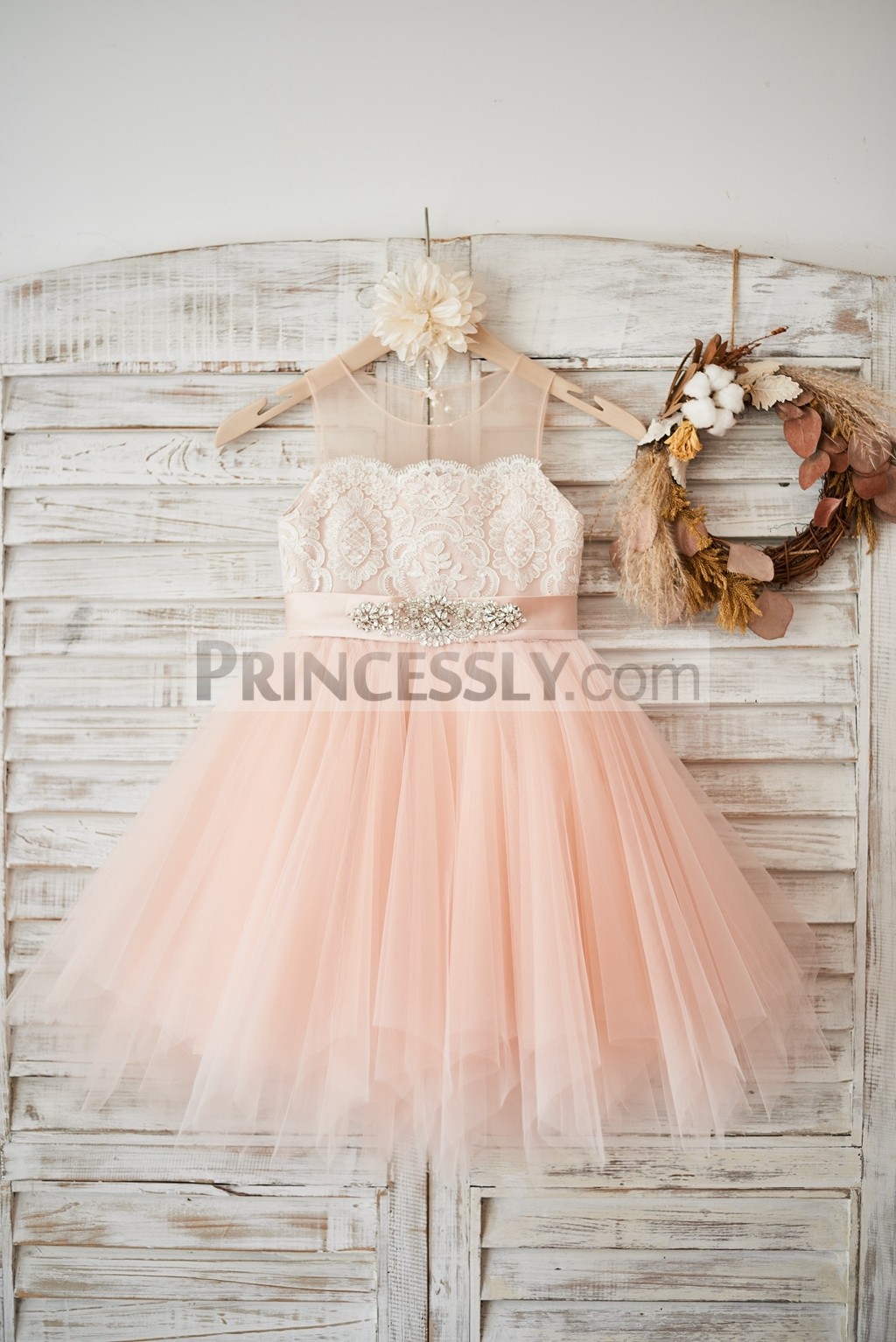 Sheer neck ivory lace peach pink tulle flower girl dress