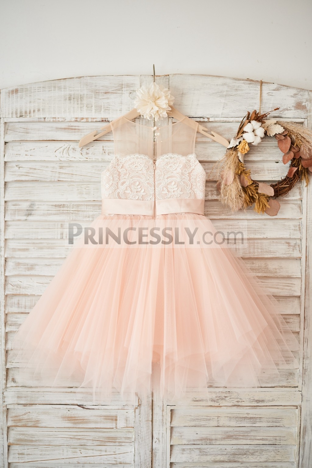 Ivory lace peach pink tulle wedding baby girl dress w/ uneven skirt hem