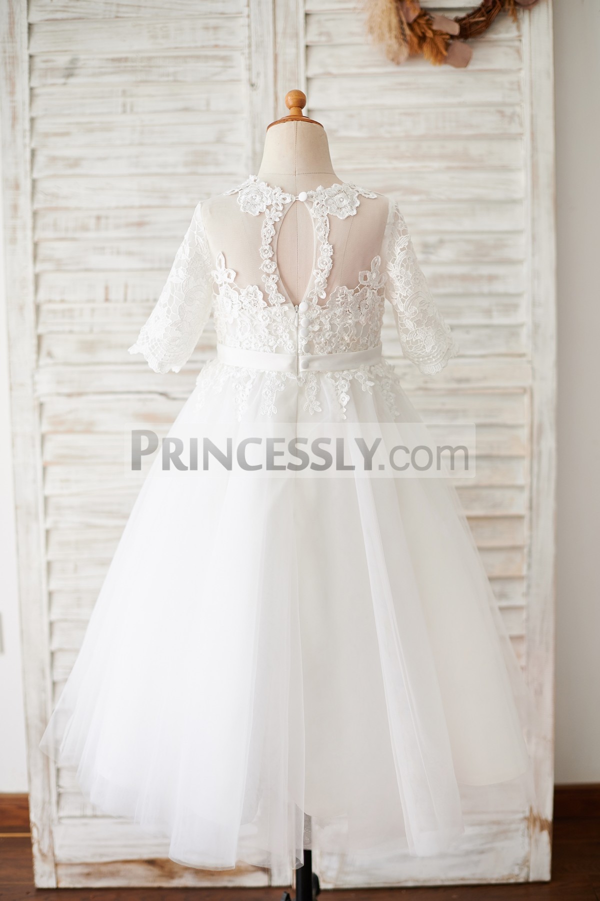 Sheer slit back lace tulle ivory wedding little girl dress