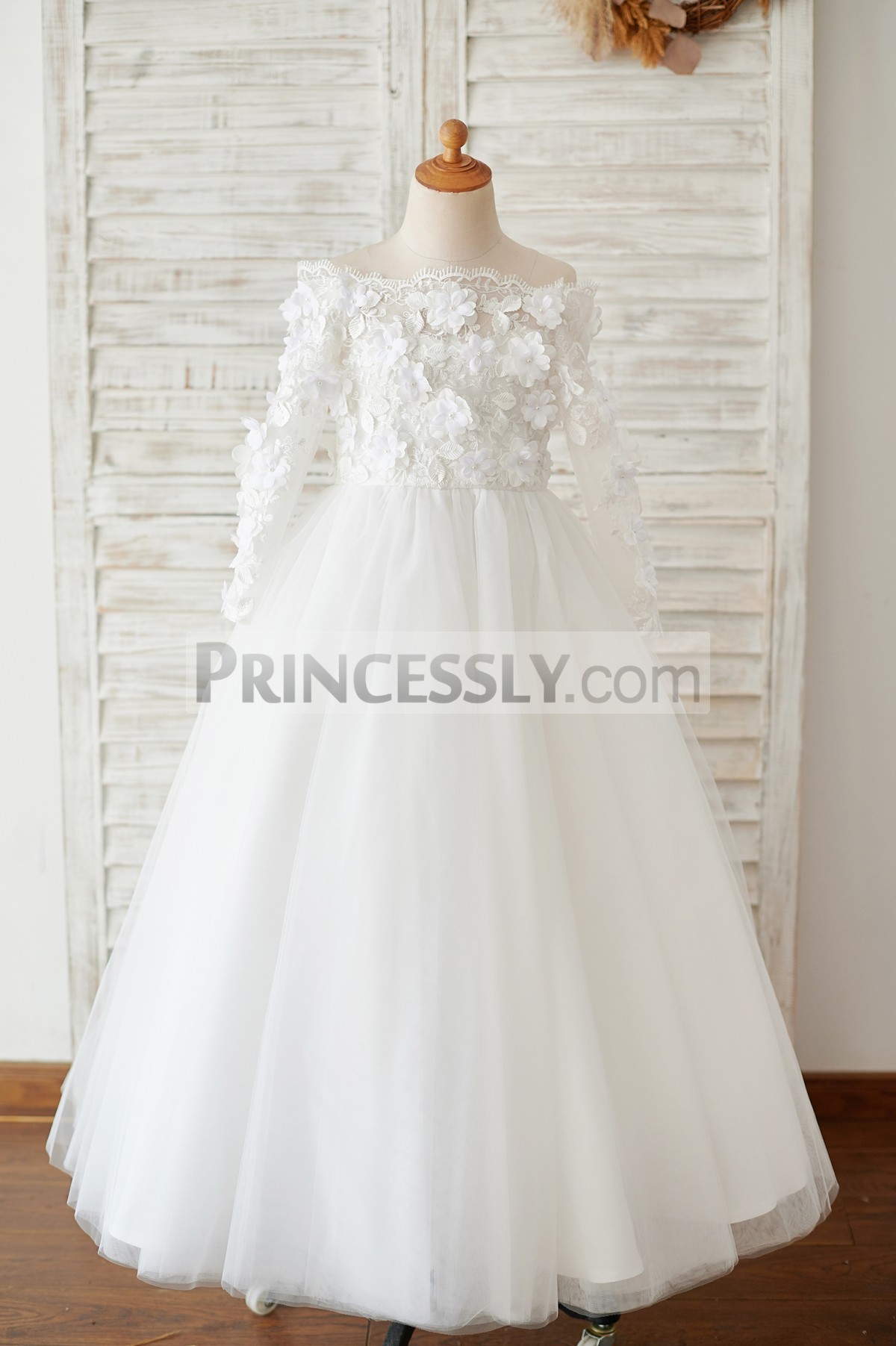 Off shoulder ivory lace tulle ball gown flower girl dress