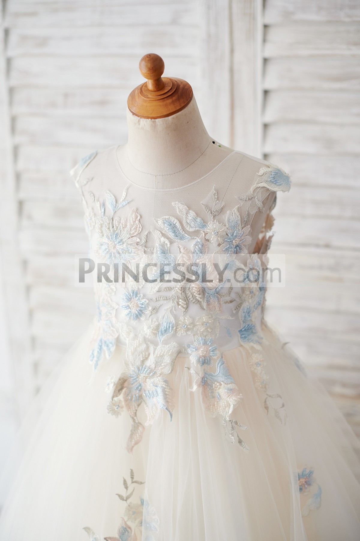 Two-tone colored lace bodice is small cap sleeves