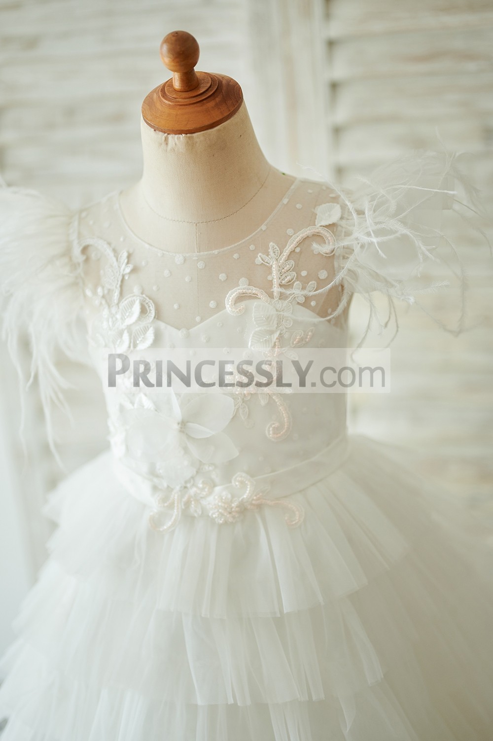 Dot tulle overlay sweetheart lining bodice with feathers cap sleeves