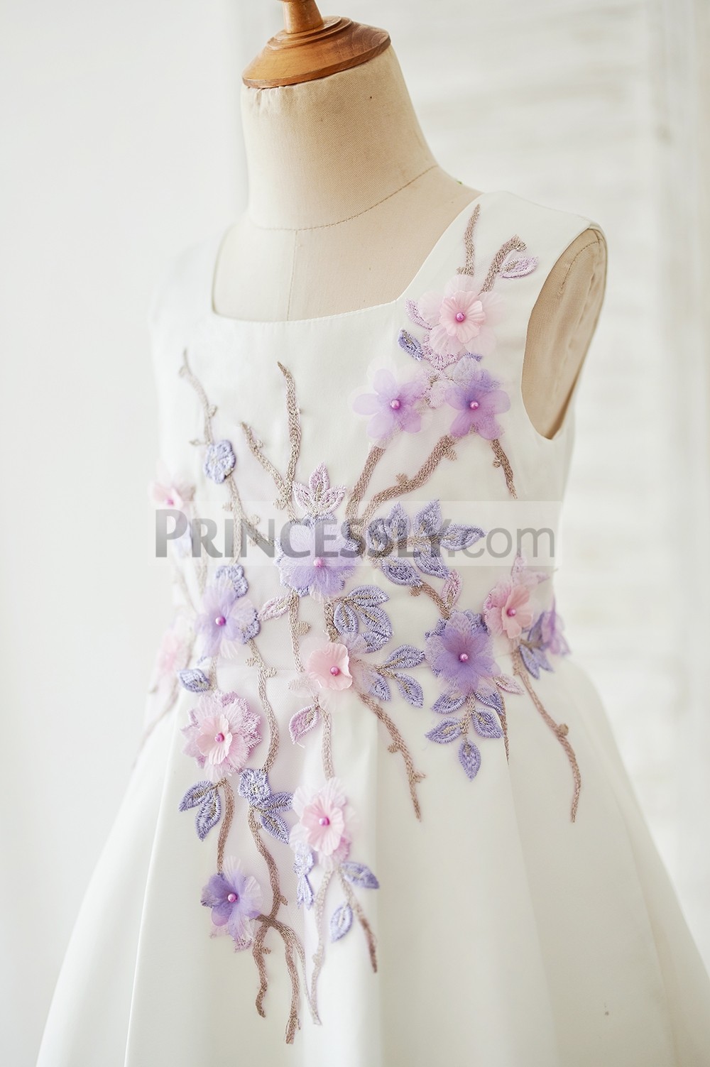 Square neck colored embroideries lace with beaded flowers on bodice 