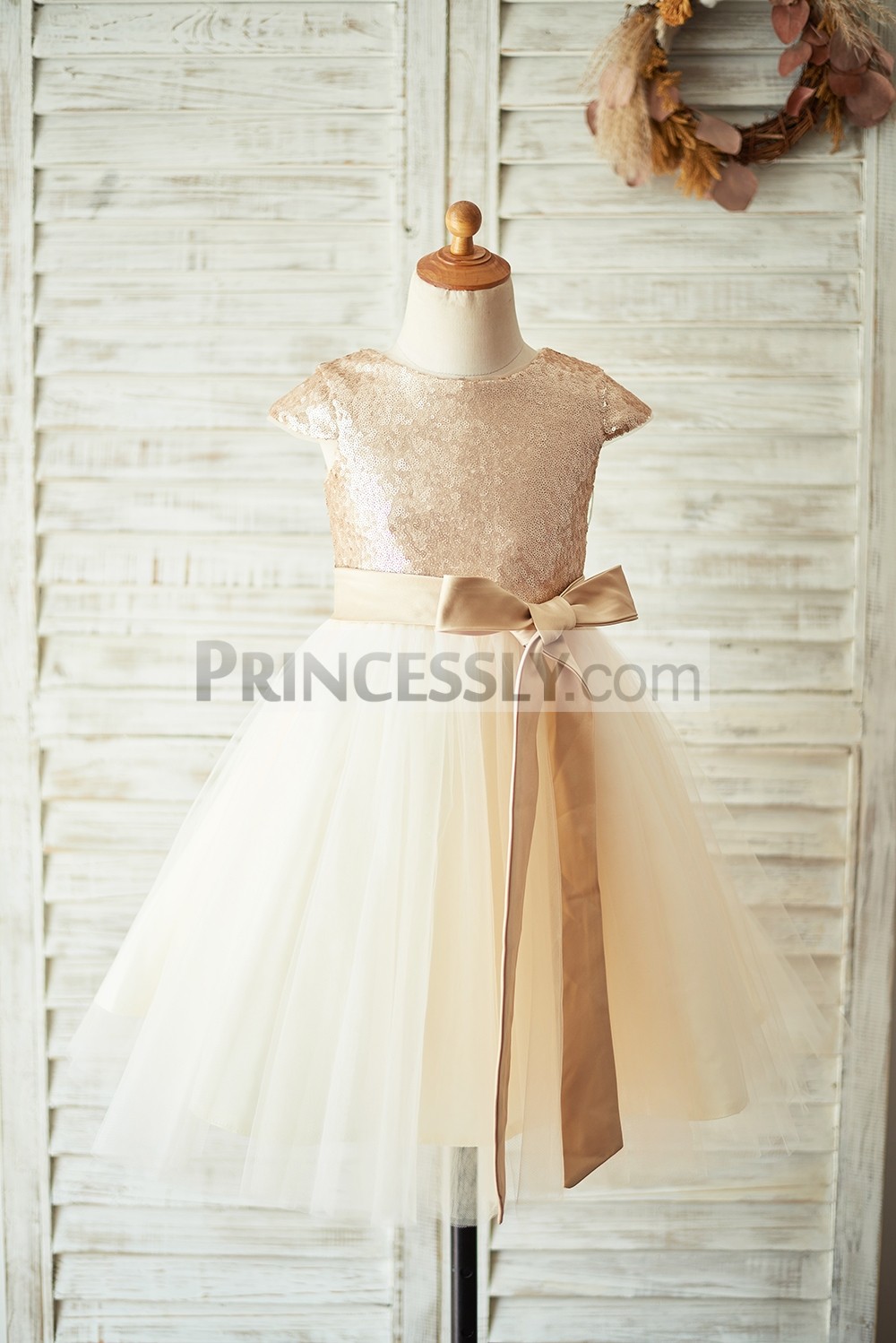 Champagne sequins tulle flower girl dress with sash